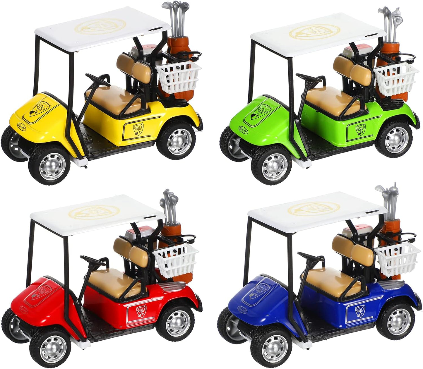 Jerify Mini Golf Cart Model Toy Metal Pull Back Action Cart 1:36 Scale Golfcart Pullback Vehicle Toys Operation Christmas Bulk for Golf Party Birthday Decor Dollhouse Cake Toppers, 3.9 Inch(4 Pcs)