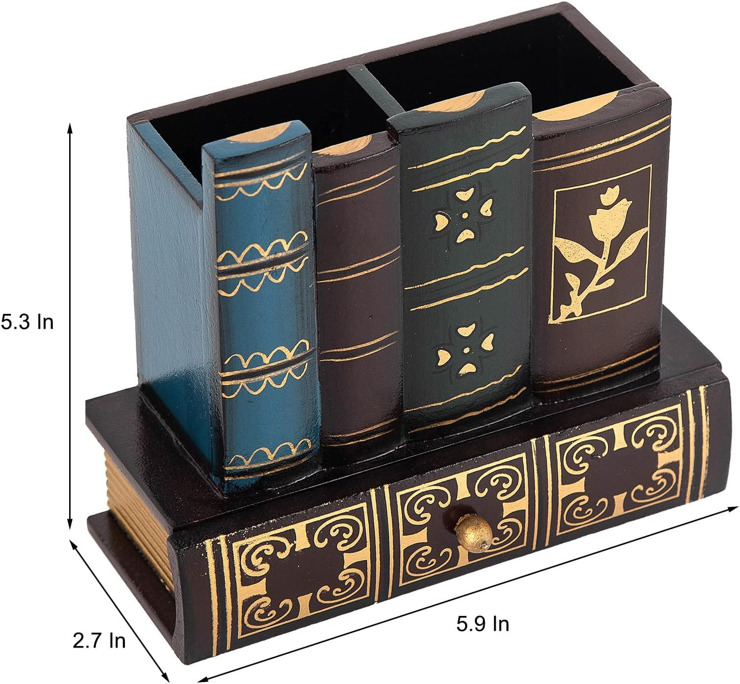 VERGOODR Decorative Pencil and Pen Holder with Storage Drawer, Wooden Desk Organizer Caddy, Antique Library Books Design Pen Cup for Office Supplies, Countertop, Desk,Table (Red)