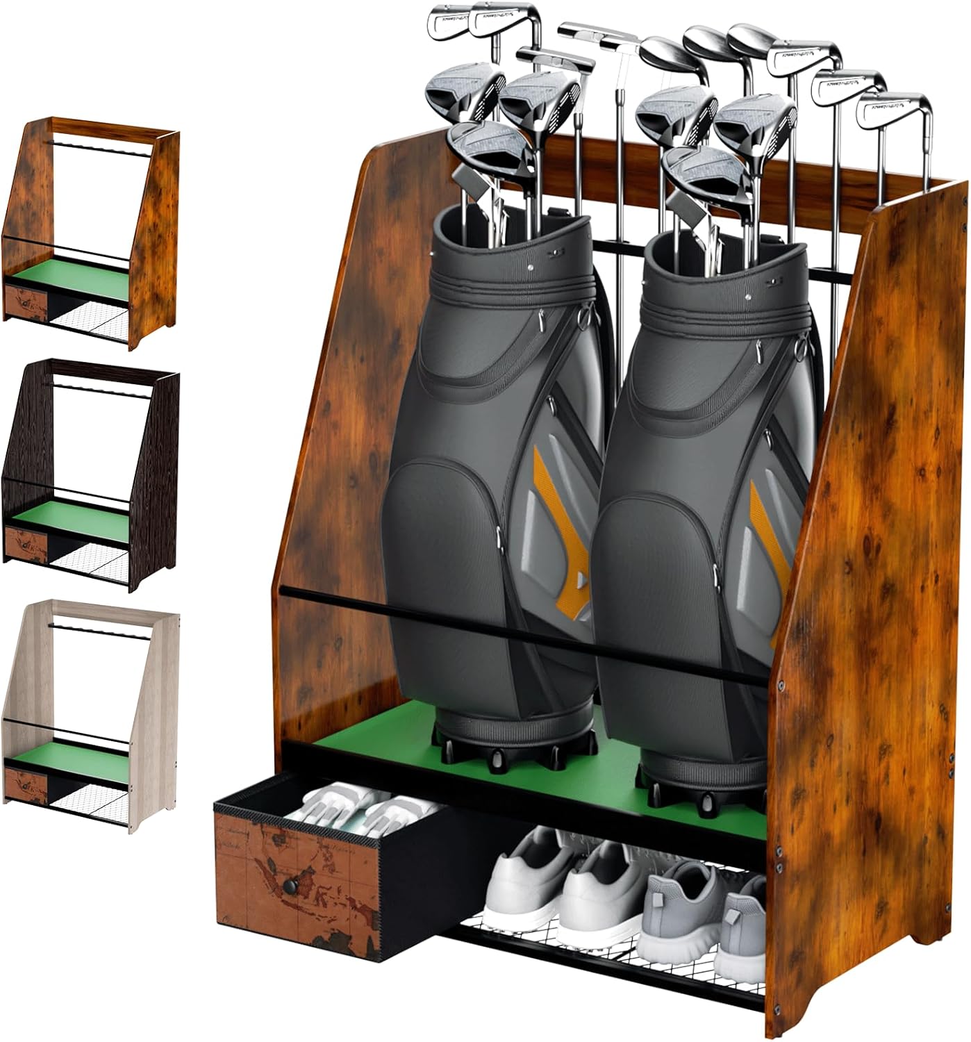 Golf Bag Organizer Rack – Large Wooden Golf Storage for 2 Bags, Clubs & Accessories with Dustproof Drawer, Sports Equipment Rack for Garage, Practice Room, Home or Office (Black)