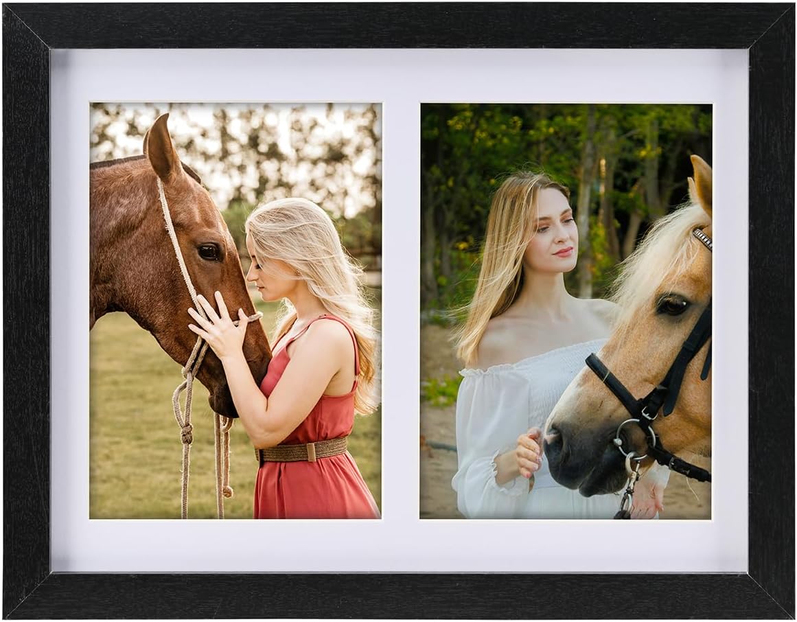 8x10 Pine Wood Collage Picture Frame Double 4x6 Picture Frame with Tempered Glass Fits 1Pc 8x10 Picture or 2Pcs 4x6 Photos With Mat For Tabletop or Gallery Wall Mounted-Rustic Black