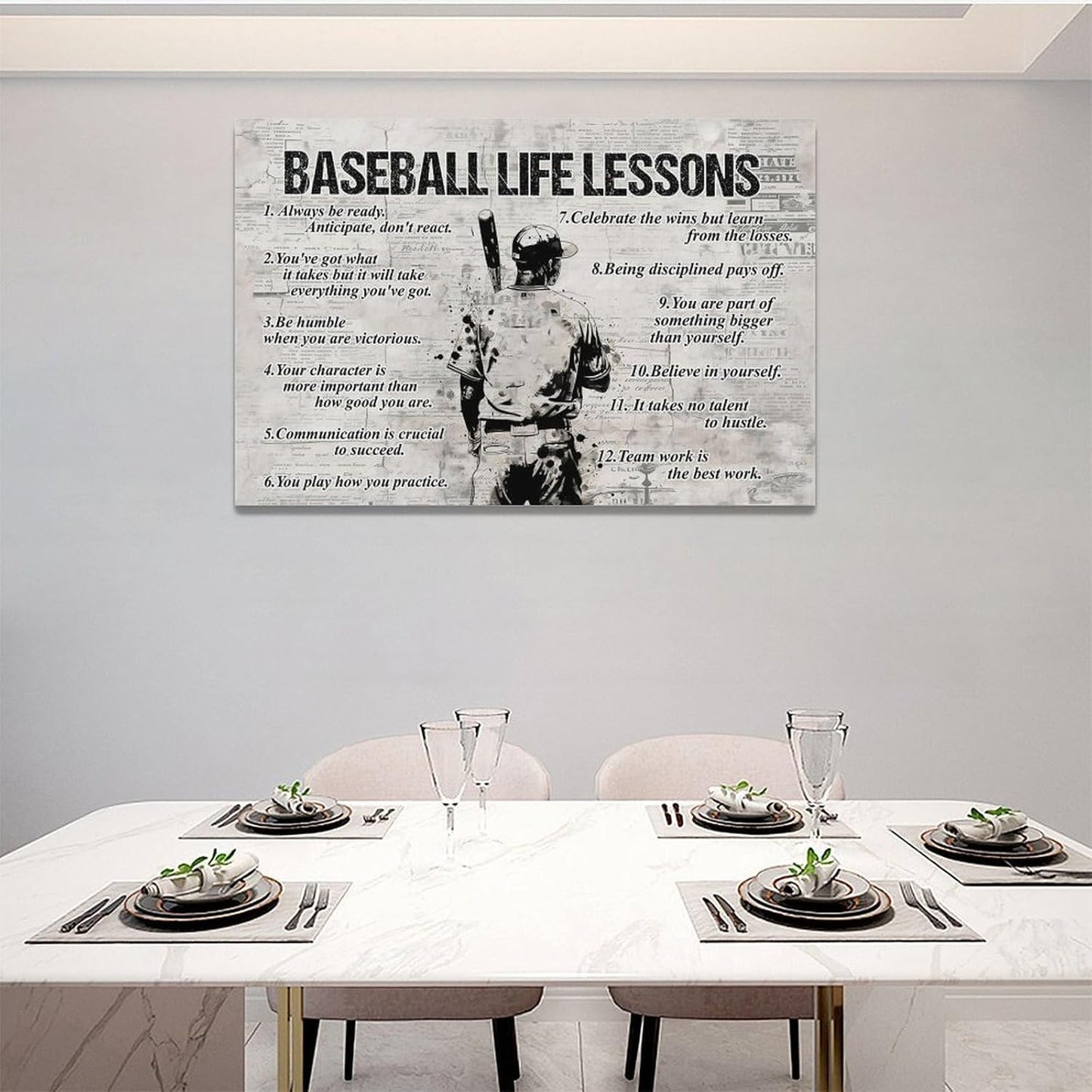 Baseball Sports Wall Art Baseball Life Lessons Wall Decor Baseball Sign Retro Poster Boy Men Room Motivational Decorations Canvas Print Painting Artwork for Bedroom Bathroom Living Room 24"x16"