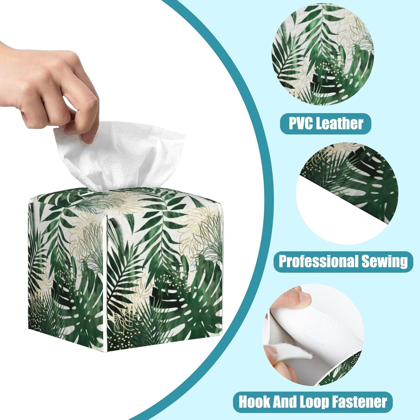 Exotic Palm Leaves Tissue Box Cover,Tissue Box Holder Square with Bottom Belt,Waterproof Leather Organizer Portable Decorative Facial Paper for Bedroom Night Stand Office Desk,5.2" x 5.2" x 5.2"