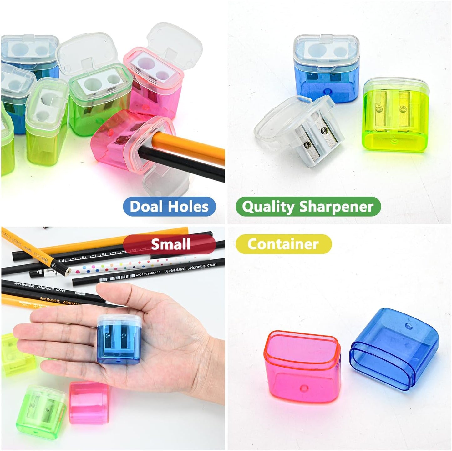 AUSTARK 24Pcs Pencil Sharpener Manual, Assorted Color Small Dual Hole Pencil Sharpeners Bulk with Lid with Lid for School Office Home (Rectangle-24)