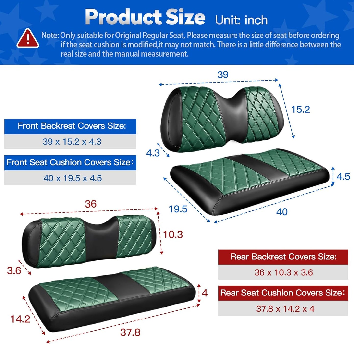 NOKINS 4PCS Golf Cart Seat Covers Kit, Front and Rear Seat Covers Fits Club Car Precedent Standard Seat Cushion, Club Car Vinyl Seat Covers Accessories, No Staples (Dark Green&Black)