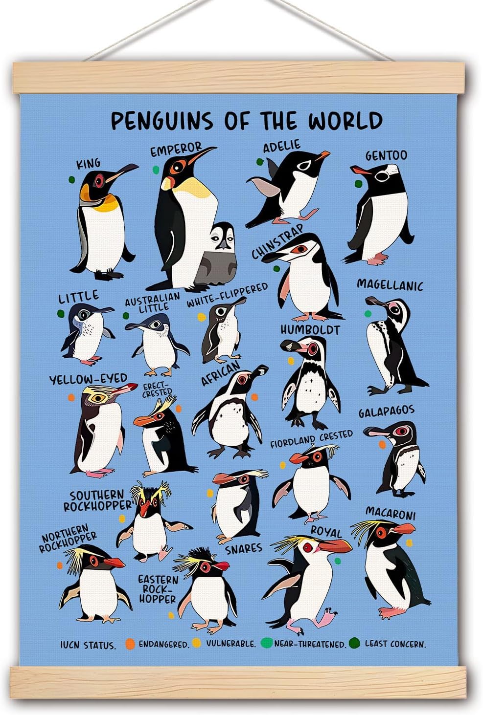 Penguin Wall Decor, Penguin of the World Wall Art With Wooden Poster Hanger, Nursery Wall Decor, Penguin Educational Chart Poster Decorations for Nursery Kids Room Classroom Playroom, 12.5x17 Inch