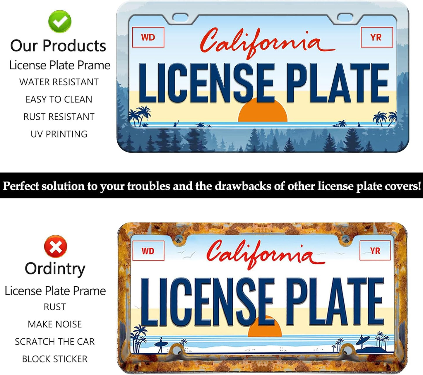 Mountain Forest License Plate Frames - 2 Pack Front Rear Mountains Tree License Plates Holder Covers, Aluminum Metal Rust-Proof Waterproof Car Tag Frame with Screws Fasteners Caps