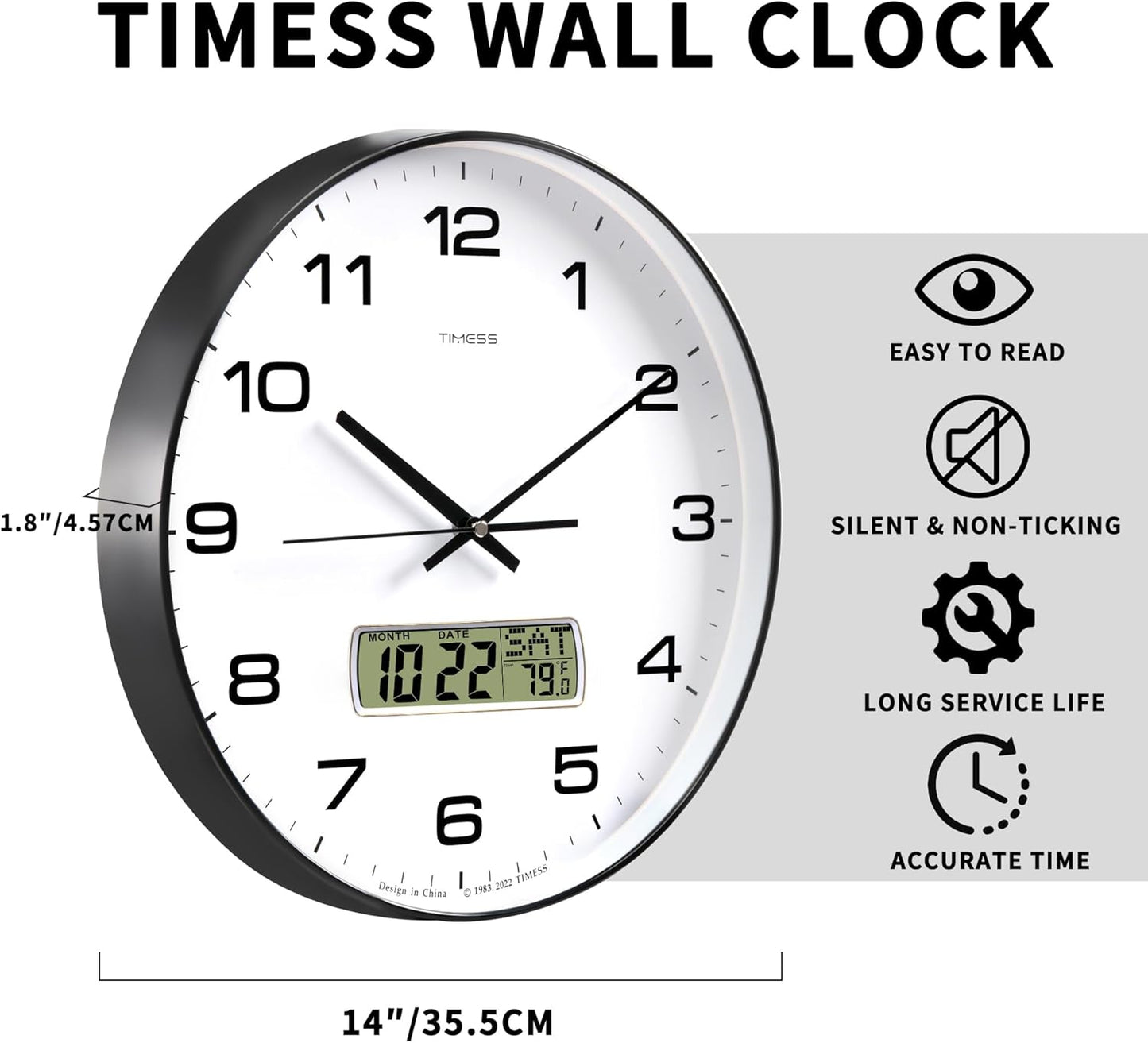 Wall Clock, 14" Large Dial Non-Ticking Silent Battery Operated Analog with LCD Display for Perpetual Calendar and F° Temperature, Ideal Modern Home, Bedroom, Office Decor (Black)