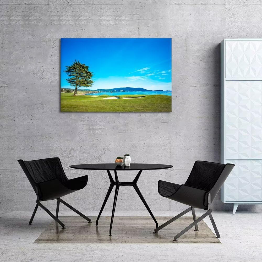 Pebble Beach Golf Course 18th Hole Green Wall Art for Living Room Bedroom Bathroom Home Decorations Golf Course Picture Poster Canvas Prints Modern Framed Artwork Ready to Hang(18''H x 24''W)