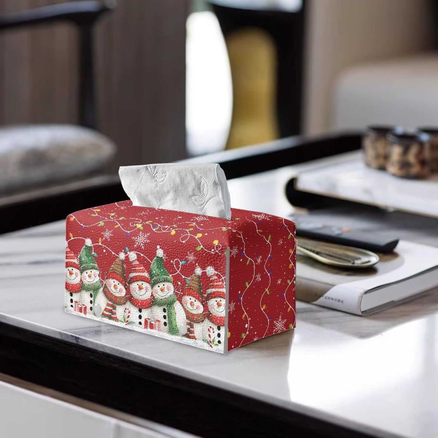 Christmas Large Tissue Box Cover Rectangle Cute Snowman Tissue Box Holder for Bathroom Soft PU Leather Toilet Tissue Holder Waterproof Christmas Decorations for Home