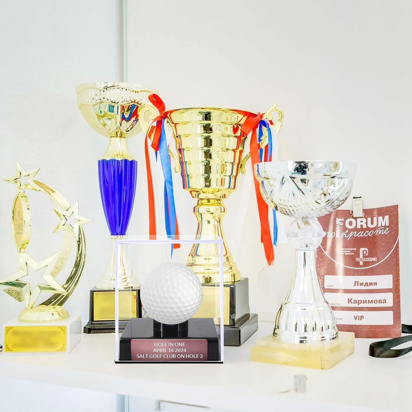 Custom Golf Ball Display Case Acrylic Golf Ball Holder Case Laser Engraved Plaque Showcase Your Cherished Golf Ball Memorabilia (Coffee Gold)