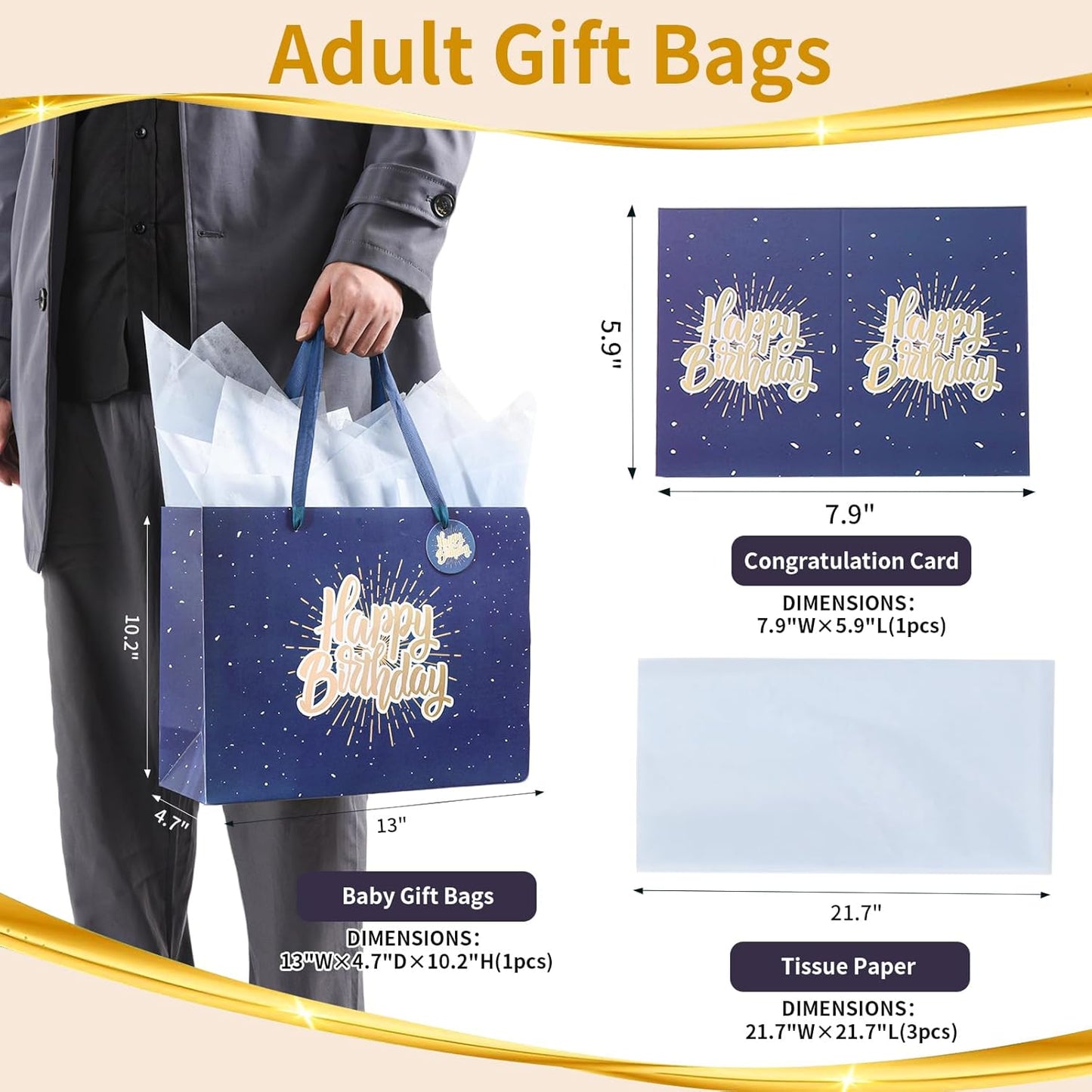 13" Blue Happy Birthday Gift Bag with Tissue Paper and Greeting Card for Party,Happy Birthday Gift Bag for Men Women, Gift Bags Medium size(2 PCS Blue)