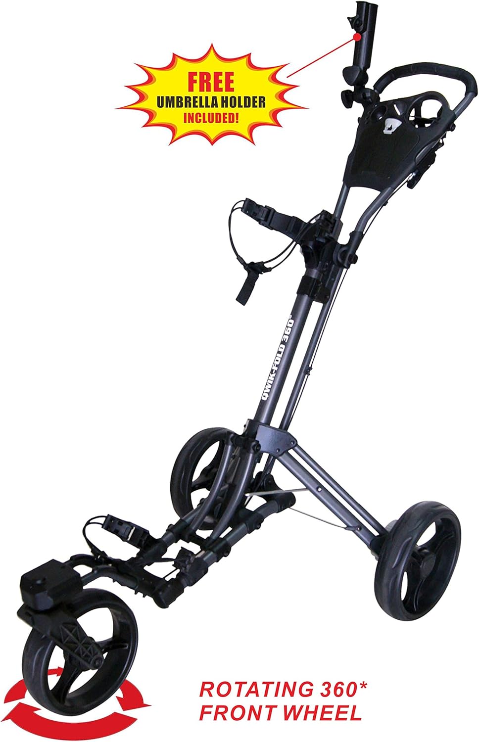 Golf Push Cart 3 Wheel with 360 Rotating Front Wheel, One Second to Open & Close, Lightweight Folding Golf Pull Cart with Foot Brake, Umbrella Holder, Cup Holder, & Storage Compartment