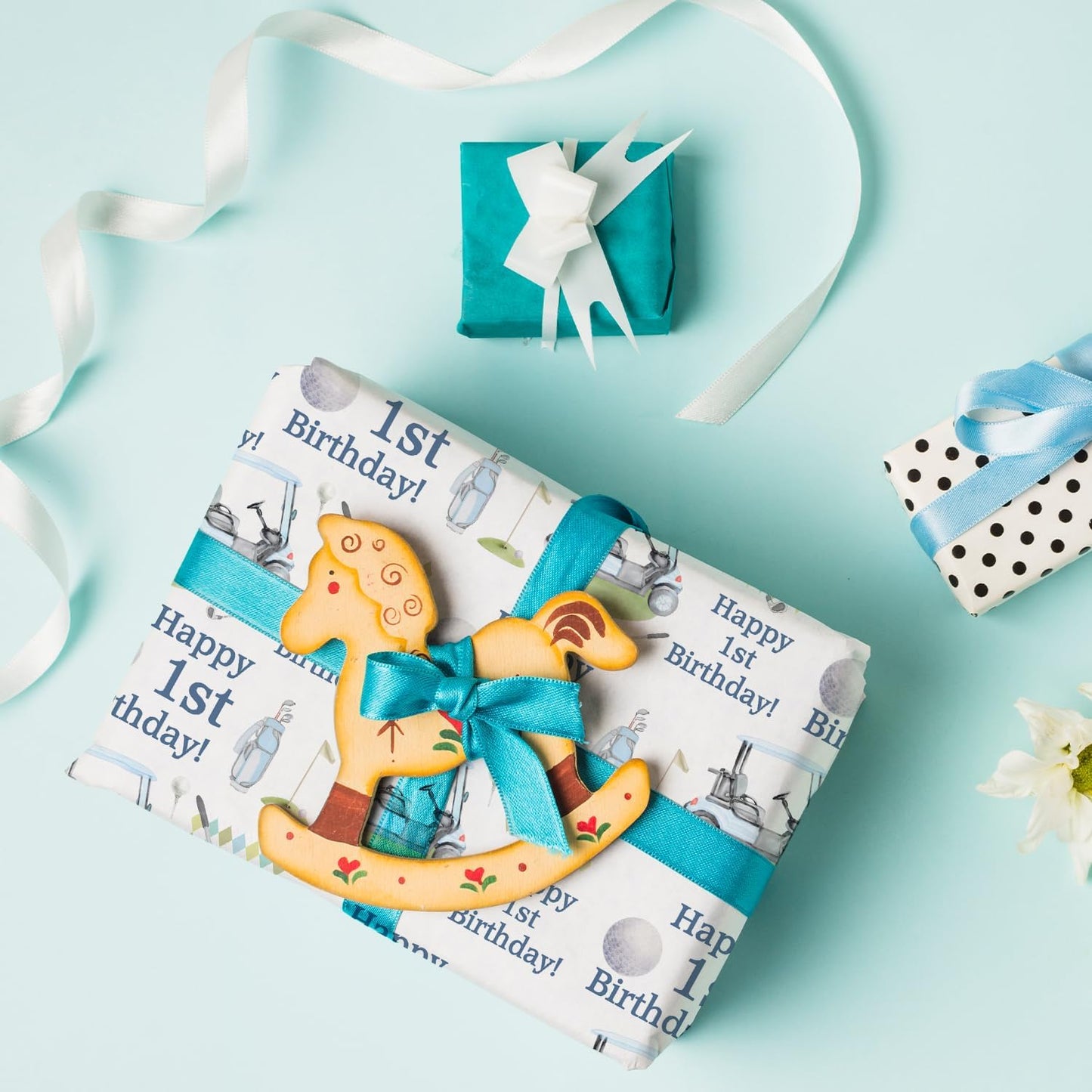 MJSXY Golf Wrapping Paper,Golf Theme Party Supplies,5 Sheets 19.6x27.5 Inch for 1st Birthday with Hole in One Birthday Decorations. Gift Wrap for Baby Boy Girl, Baby Showers Decors