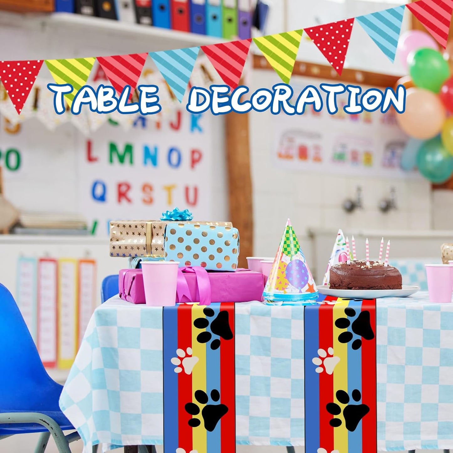 6 Pcs Paw Printed Table Runner 60 x 6 Inch Dog Paw Tablecloth Runner Gold Red Blue Striped Table Decoration for Dog Theme Birthday Party Decorations