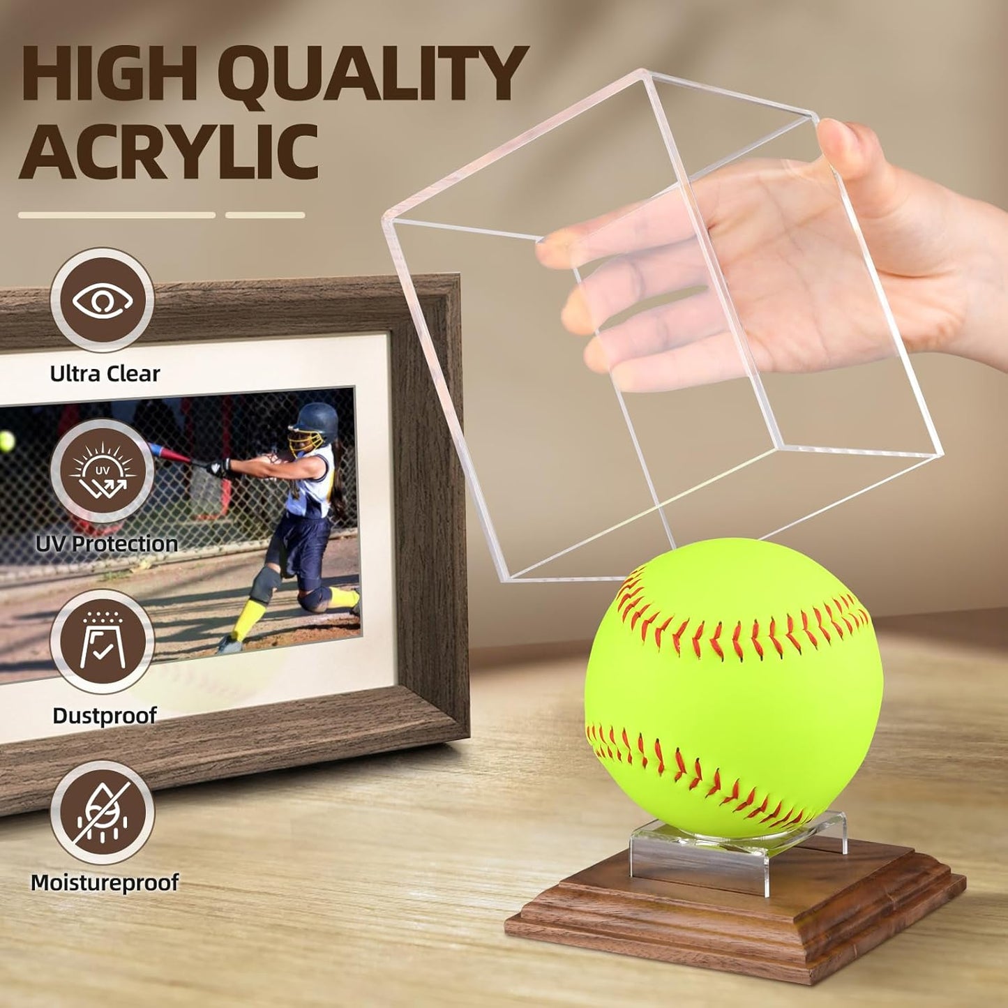 Softball Display Case Walnut Wood Base Acrylic Softball Case Display For Balls Uv Protection Softball Holder Cube Box Stand Memorabilia Autograph Ball, Ideal Gift For Official Size Single Ball Display