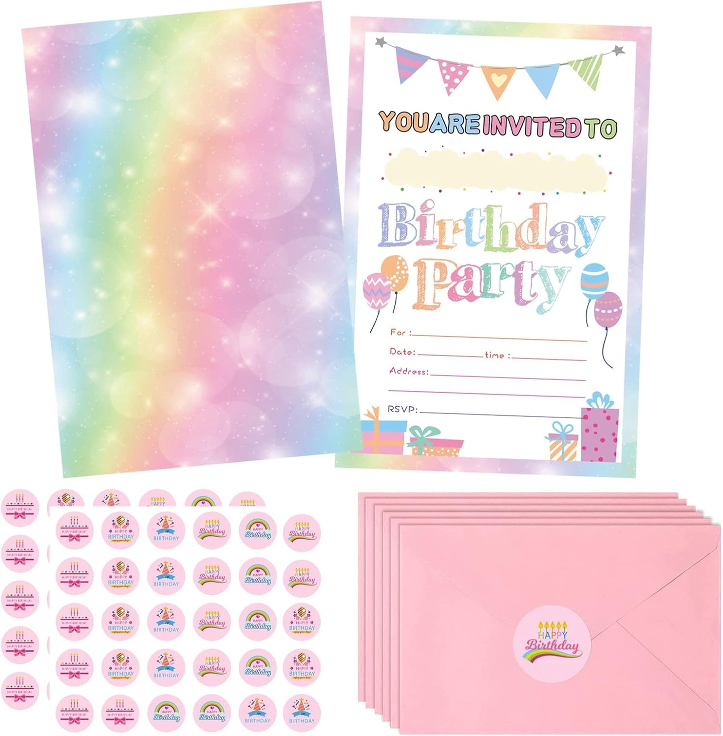 Idealmuzik 30 Pack Birthday Party Invitations for Girls with Envelopes and Sticker, Cute Birthday Party Invitations Cards for Kids, Party Decorations Supplies for Baby Shower Birthday Party