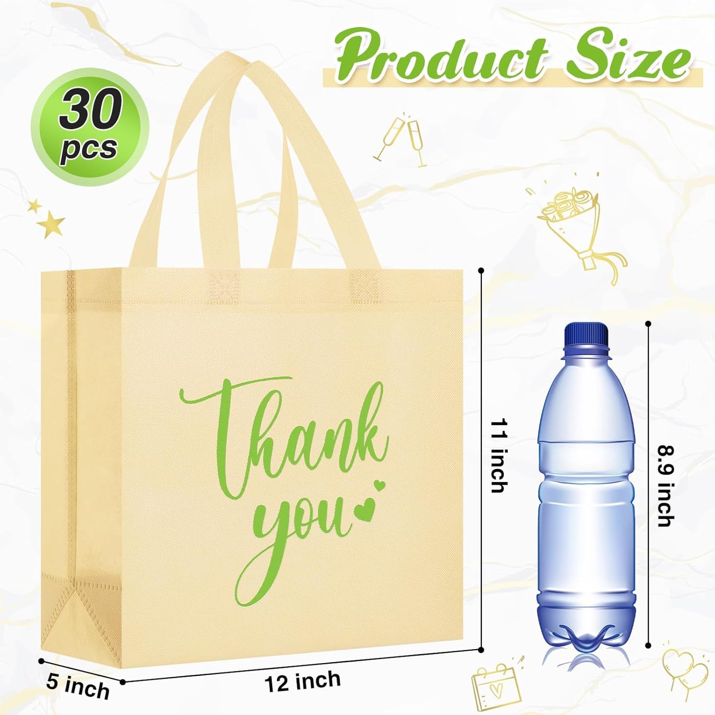 Sweetude 30 Pcs Thank You Gift Bags with Handles Bulk Reusable Goodie Bag Non Woven Foldable Handbag for Graduation Wedding Bridesmaid Gifts(11 x 12 x 5 Inch,Beige)