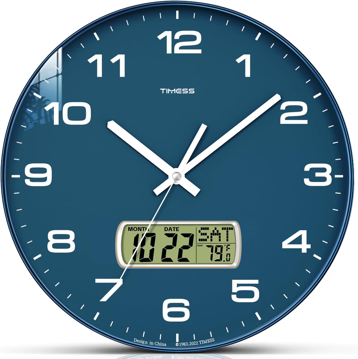 Wall Clock, 10" Dial Non-Ticking Silent Battery Operated Analog with LCD Display for Perpetual Calendar and F° Temperature, Ideal Modern Home, Bedroom, Kitchen, Office Decor (Blue)