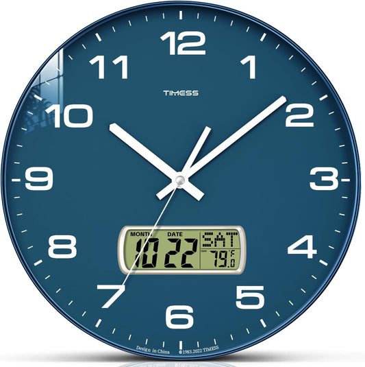 Wall Clock, 10" Dial Non-Ticking Silent Battery Operated Analog with LCD Display for Perpetual Calendar and F° Temperature, Ideal Modern Home, Bedroom, Kitchen, Office Decor (Blue)
