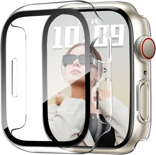 JR.DM 41mm 2 Pack Hard PC Case with HD Tempered Glass Screen Protector for Apple Watch Series 9/8/7, Slim Guard Bumper Full Coverage Protective Anti-Scratch Face Cover for iWatch, Clear+Clear