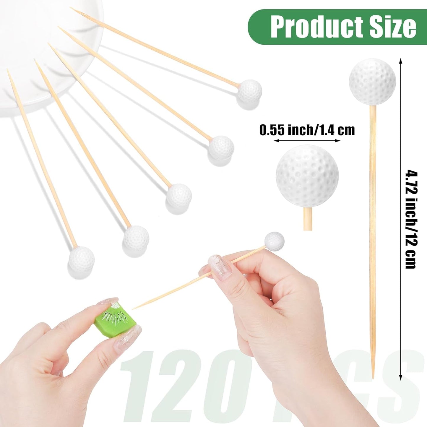 Aodaer 120 Pieces Golf Cocktail Picks, 4.72 Inch Golf-Themed Ball Toothpicks for Appetizers, Disposable Fruit Sandwich Bamboo Skewer Picks for Sports Party Decoration, Catered Events, Buffet Supplies
