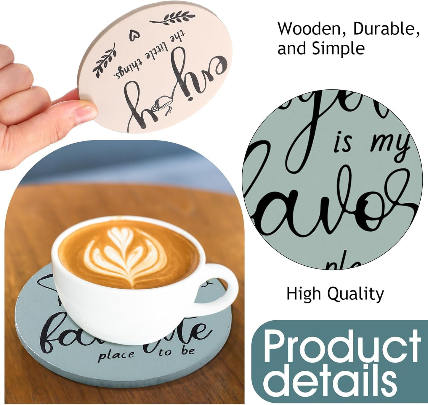 Queekay Housewarming Gifts for Home Decoration Wooden Heart Coasters for Drinks 6 Set Farmhouse Coasters with Holder Funny for Family Coffee Table Protection, 4''(Light Color)