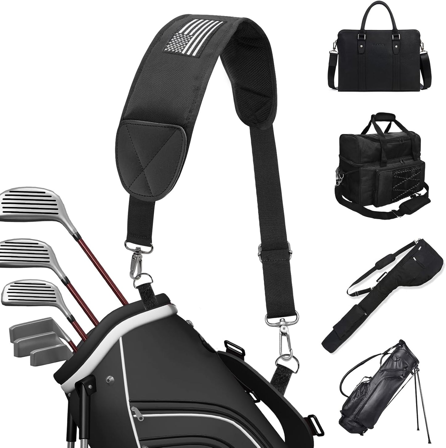Golf Bag Strap Replacement Golf Bag Shoulder Strap Adjustable Single Padded Shoulder Strap Waterproof Golf Bag Backpack Straps (Black-USA Flag Grey)