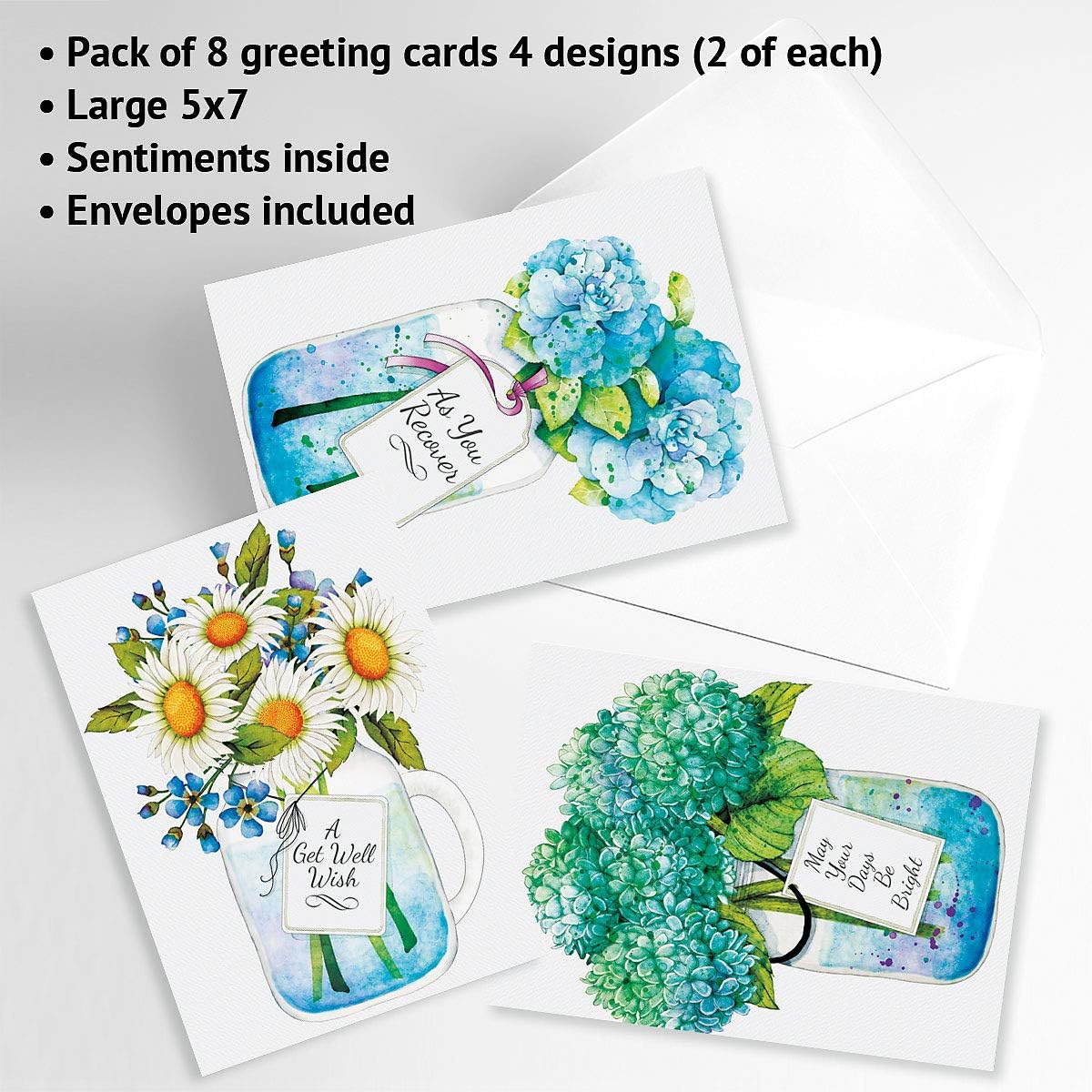 Mason Jar Get Well Greeting Cards - Set of 8 (4 Designs), Large 5" x 7", Sympathy Cards with Sentiments Inside, White Envelopes