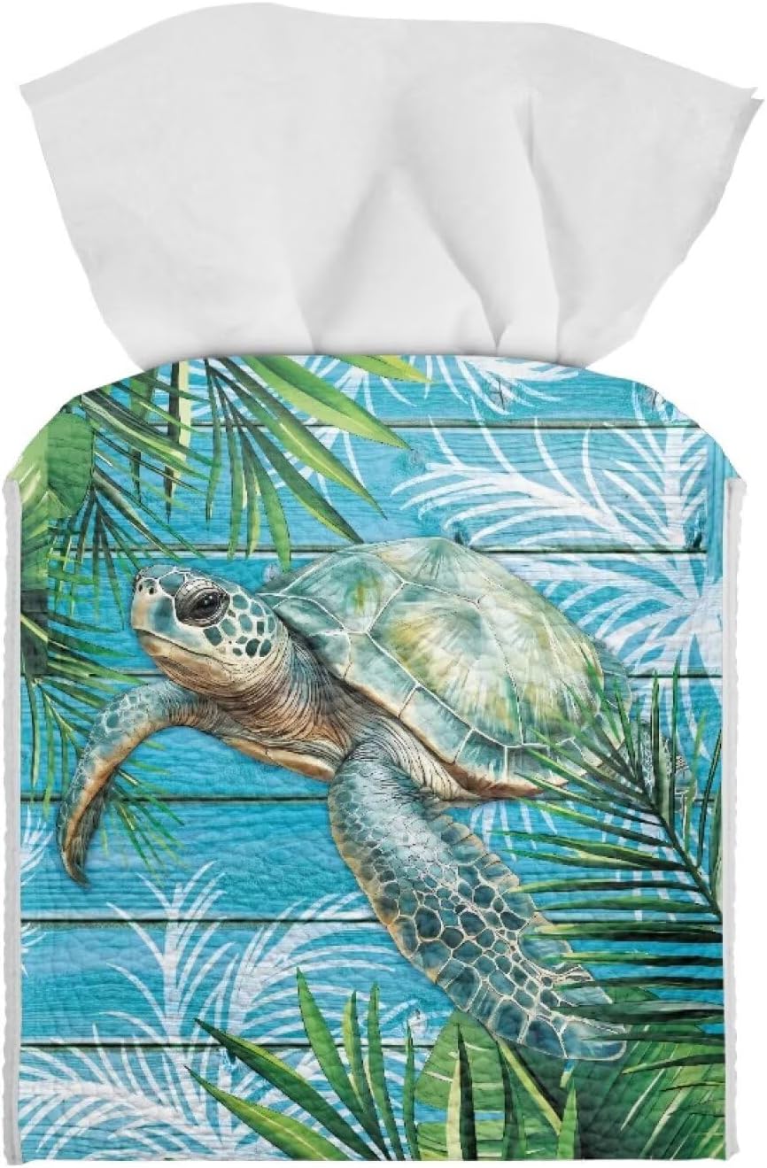 Sea Turtle Tissue Box Cover Waterproof Square PU Leather Facial Tissue Box Holder for Dresser Bathroom Decor Foldable Easy to Storage or Take