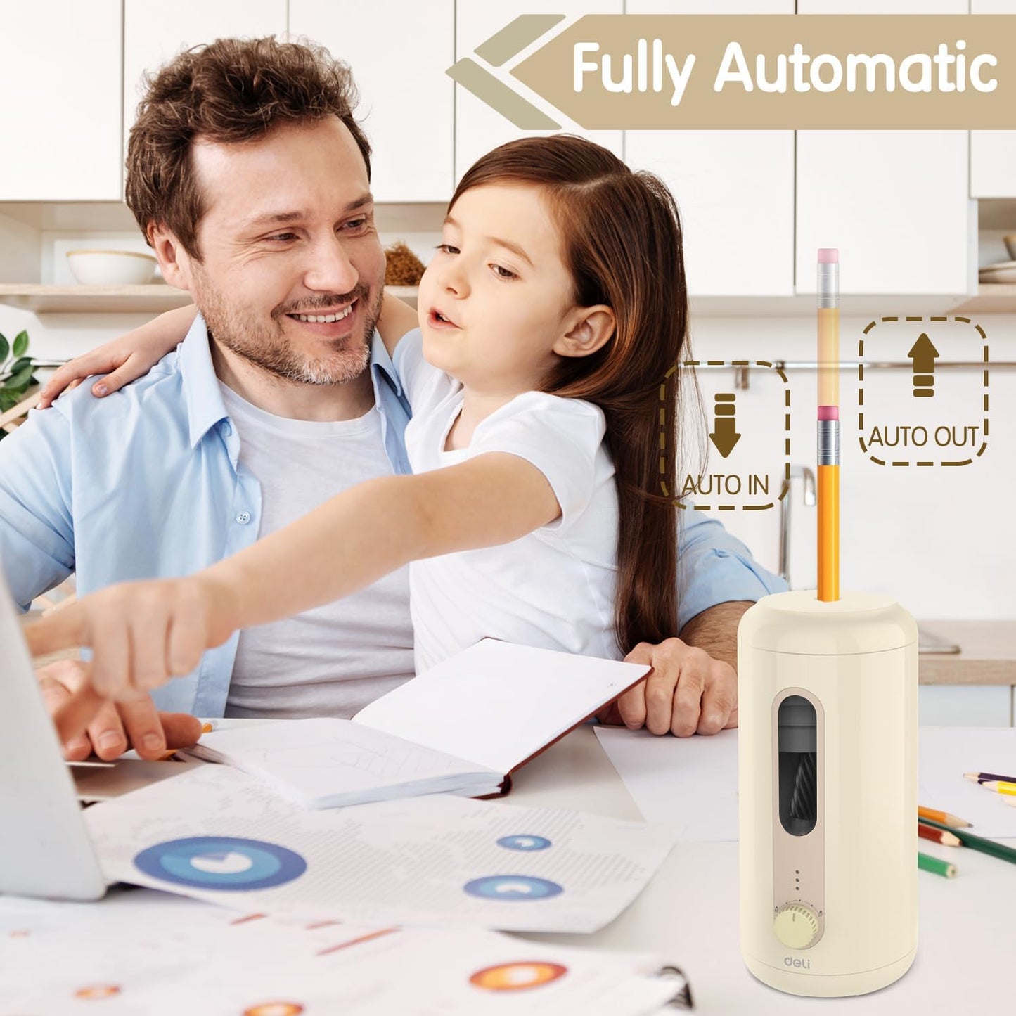 Deli Electric Pencil Sharpener - Fully Automatic, Auto In & Out, Rechargeable Hands-Free for 6.9-12mm Pencils - Home & Classroom - Battery Operated - Beige