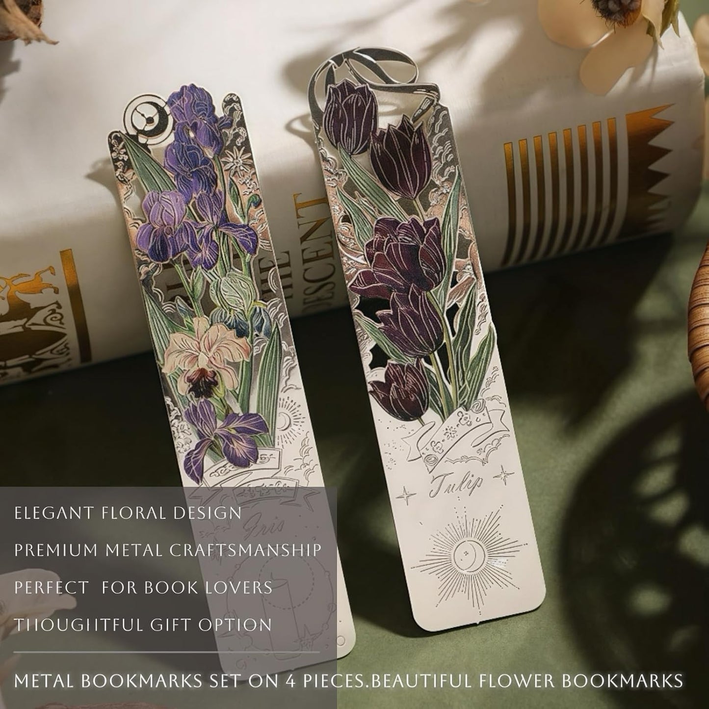 Metal Bookmarks Set on 4 Pieces. Pretty & Beautiful Flower Bookmarks for Women, Female, Mother - Tulip, Violet, Lily, Oriole, Gift Packing