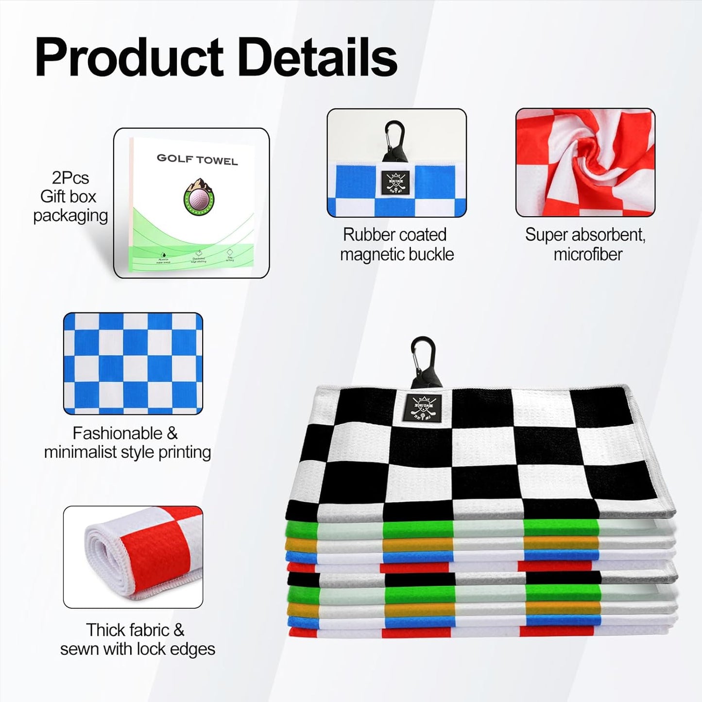 2 Pack 24"x16" Magnetic Golf Towels - Premium Waffle Pattern, with Magnet & Carabiner Clip for Golf Bags, Carts & Clubs. Essential for Men & Women Golfers - Red/Black