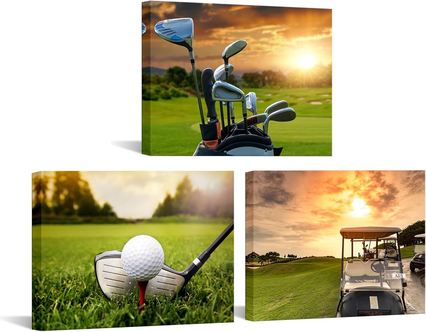 iKNOW FOTO 3 Piece Sports Canvas Wall Art Golf Course Scenery Sunset Framed Print Artwork for Home Decor Ready to Hang Each 12"x16"