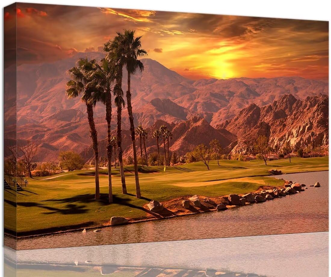 USA California Golf Course Wall Art for Living Room Bedroom Bathroom Home Decorations Golf Course at Sunset Springs Landscap Painting Canvas Prints Modern Artwork Framed Ready to Hang(12''H x 16''W)