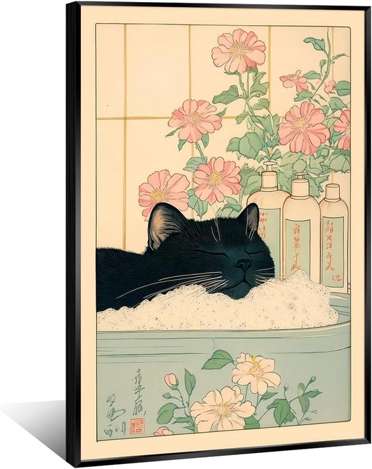 Vintage Black Cat in The Bathtub Posters Funny Bathroom Wall Art Cute Animal Lover Canvas Prints Japanese Aesthetic Neutral Minimalist Wall Decor for Restroom Toilet 24x36in Framed