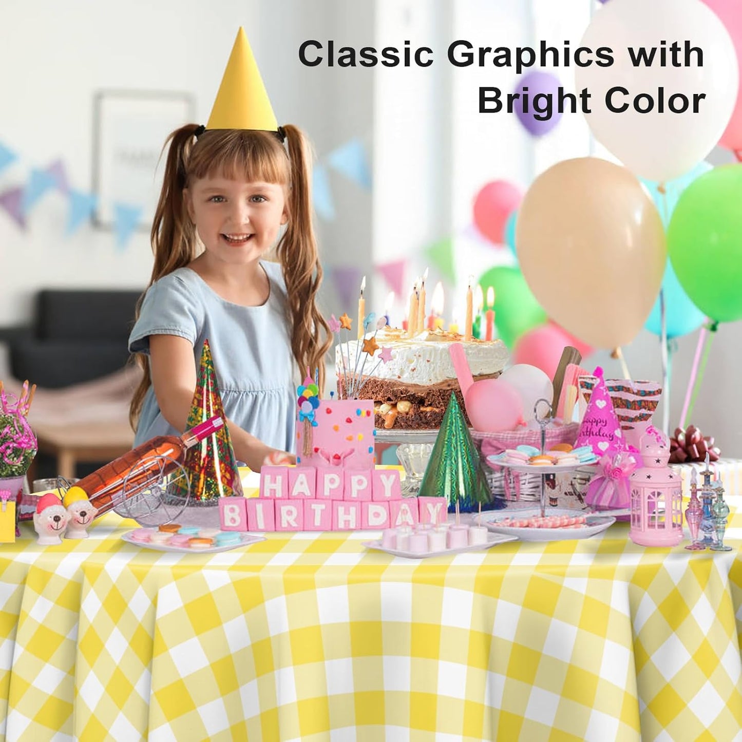 6 Pack Yellow and White Checkered Tablecloth, Round Yellow Gingham Plastic Table Cloths for Parties Disposable, 84x84 in Waterproof Camping Tablecloth for Birthday Party Baby Shower Picnic School