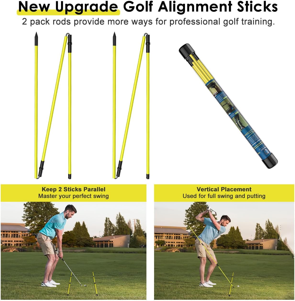 Rhino Valley Golf Alignment Sticks - 48" Collapsible Golf Practice Rods for Aiming, Putting, Full Swing Trainer, Posture Corrector with Clear Tube Case, Golf Training Equipment