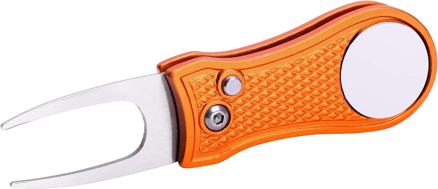 Mile High Life Golf Divot Repair Tool, All Metal Foldable Divot Tool with Pop-up Button & Magnetic Ball Marker