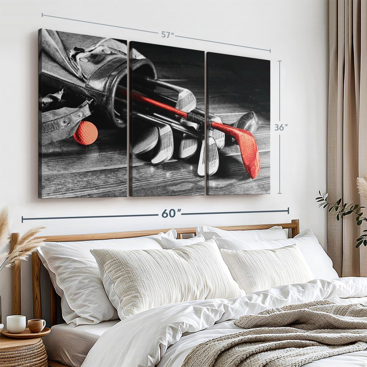 ElephantStock Golf Equipment Pop Wall Art - Horizontal Canvas - 3-Piece Living Room Wall Decor - Photography Sports Canvas Print - Black and Gray Decor for Wall - 57" X 36"