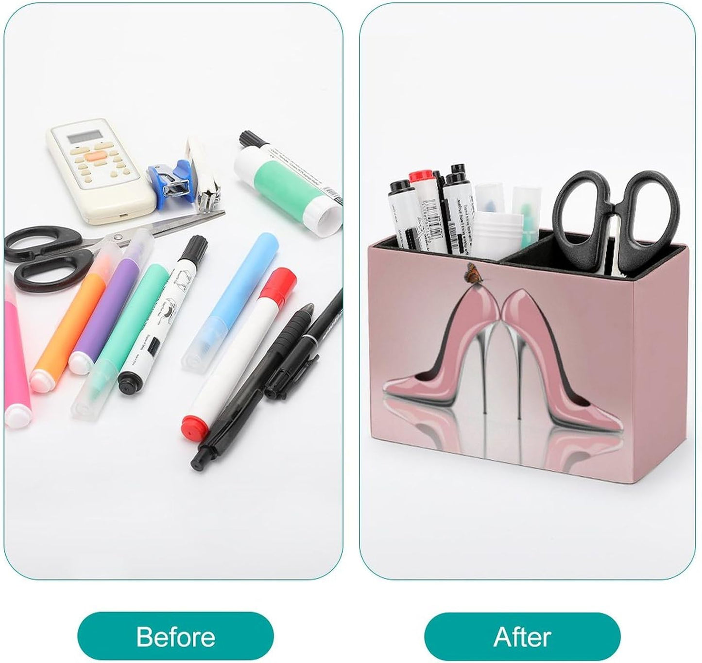 Pen Holder, Pencil Holder for Desk Organizer, Pink High Heel Shoes Butterfly PU Leather Pencil Cups Desktop Stationery Storage Makeup Brush Holder Pen Organizer for Office Home