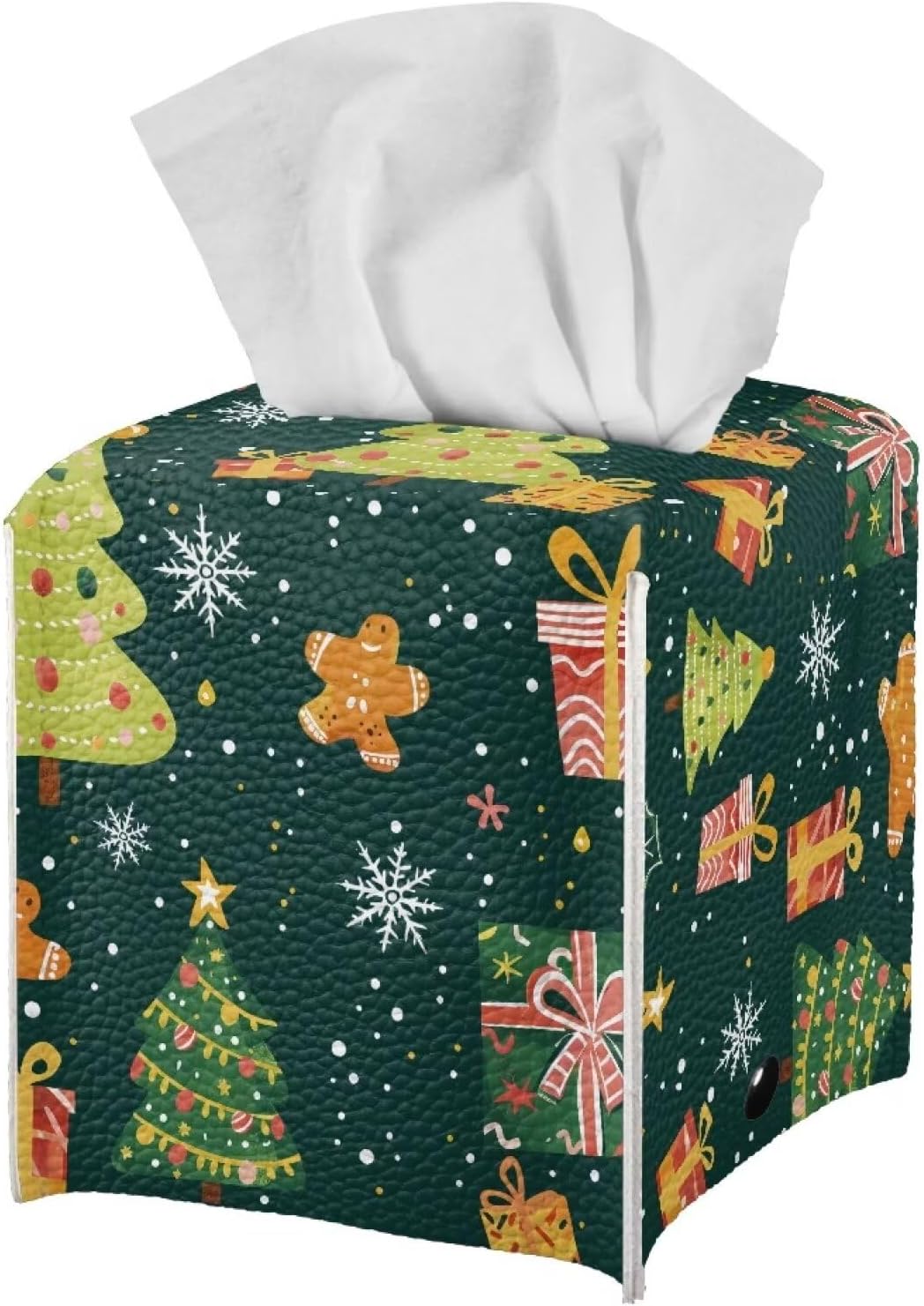 Christmas Tissue Box Cover PU Leather Green Xmas Tree Pattern Tissue Box Holder for Modern Home Office Decorative with Bottom Belt Car Tissue Box Organizer Waterproof Foldable