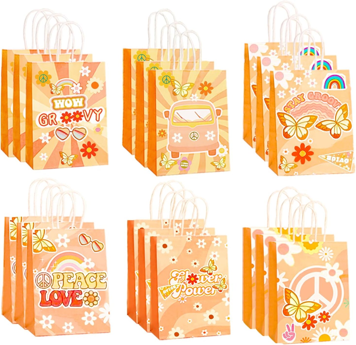 CZWXOXO 24 Pcs Groovy Party Favor Bags 6 Styles Groovy Retro Hippie Goodie Bags Stay Groovy Paper Gift Bags Daisy Flower Treat Bag with Handles for Girls 60's 70's Birthday Baby Shower Party Supplies