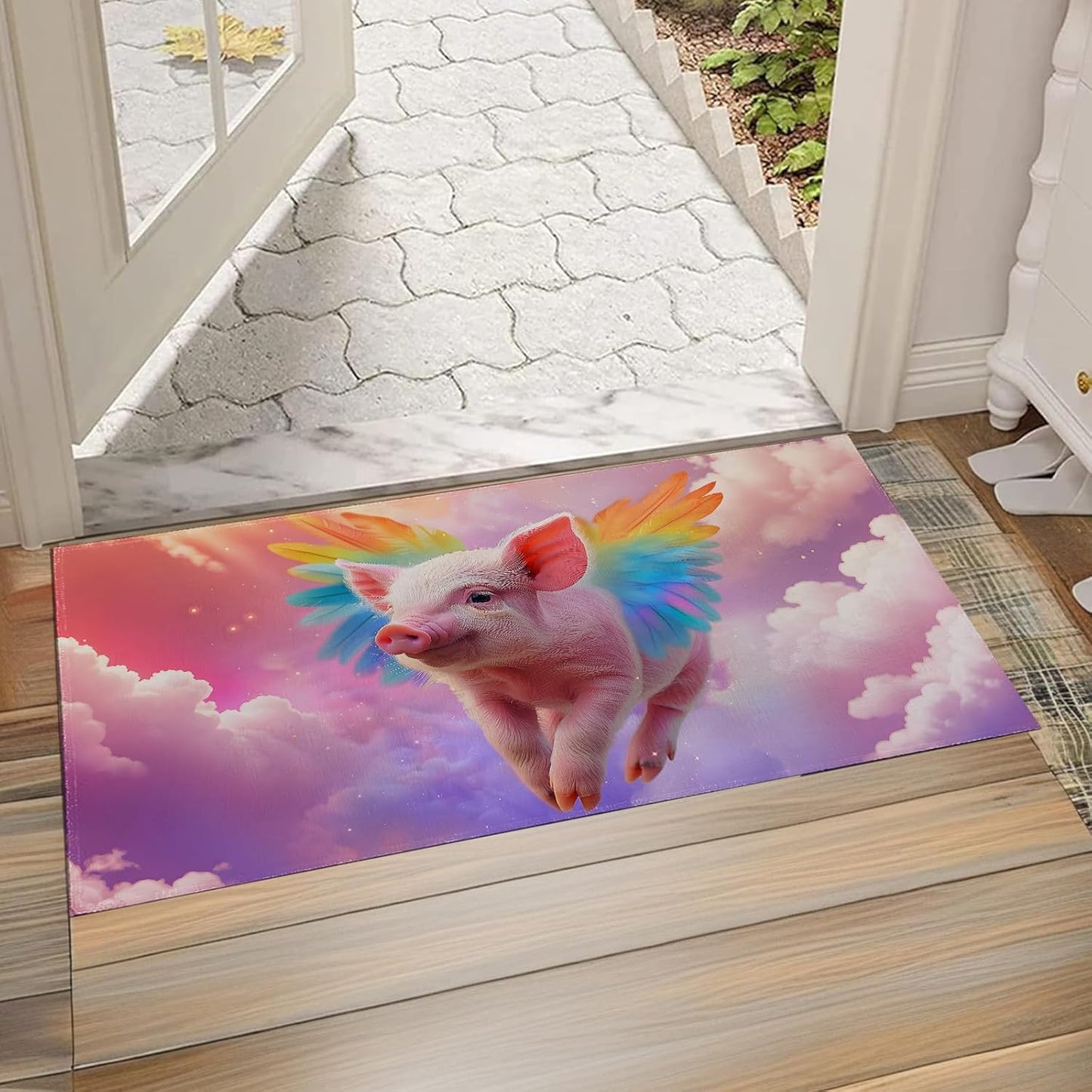 Rainbow Pink Pig Indoor Doormat, Non-Woven Fabrics Non Slip Floor Mat 17x29.5 in Area Rug Quick Absorbent Entrance Rug Front Door Mat, Welcome Mats Entryway Rug Doormats for Kitchen Home Bedroom