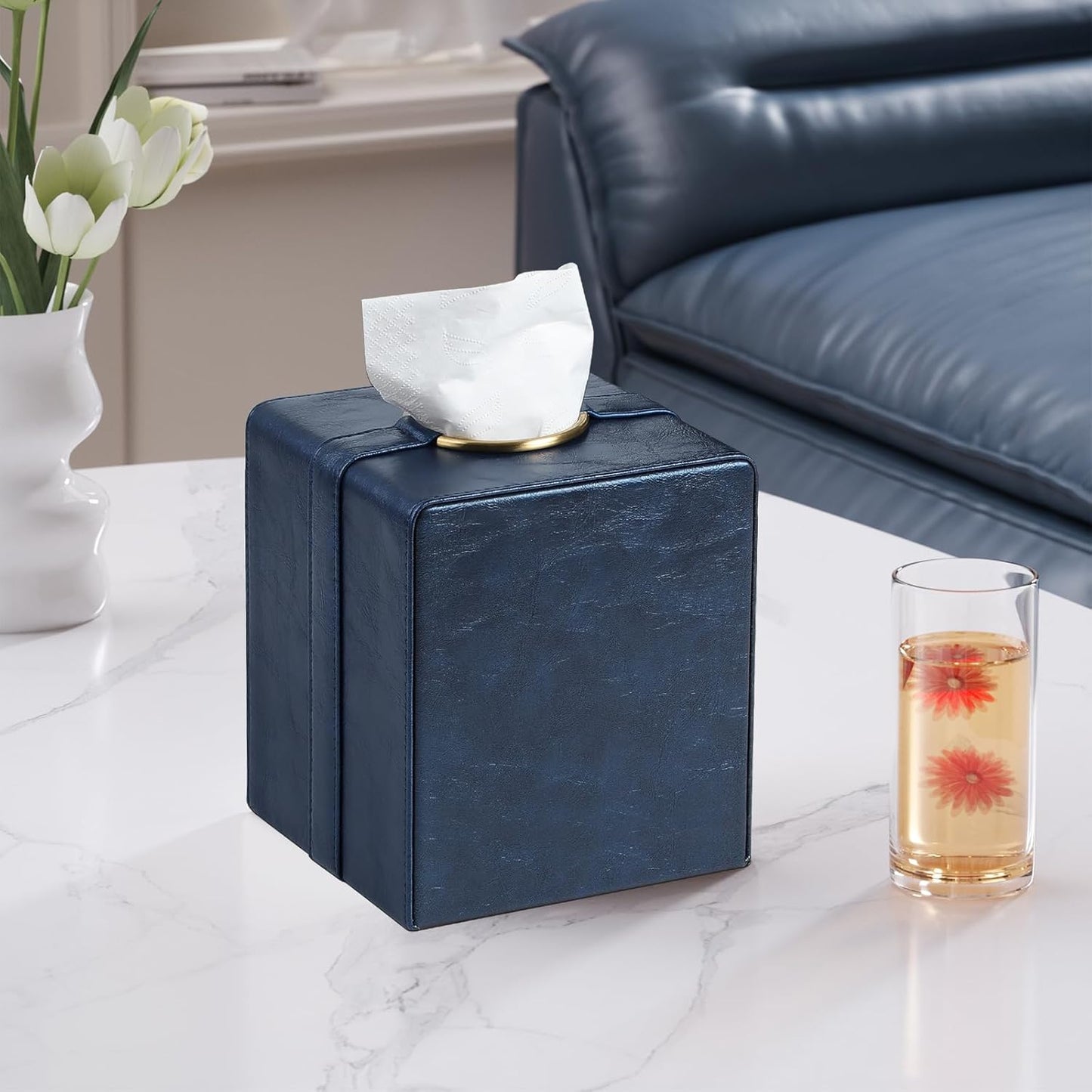 Luxury Square Tissue Box Cover, PU Leather Tissue Box Holder with Magnetic Closure and Gold Decorative Grommets for Bathroom Bedroom, Decorative Elegant Cube Tissue Holder (Blue)