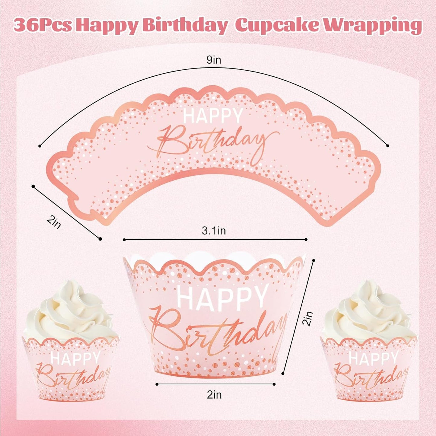 Whaline 36Pcs Happy Birthday Cupcake Wrappers Pink Dots Cupcake Liners Decorative Cupcake Holders for Baby Shower Birthday Party Cake Decoration