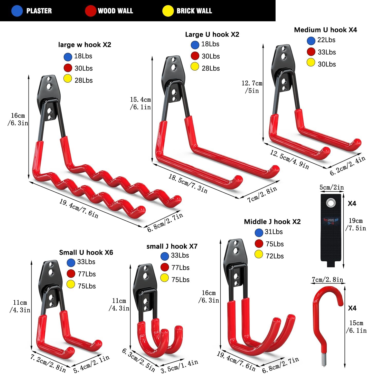 3-H Garage Wall Hooks 31 Pack, Garage Hooks Heavy Duty with Extra Welding Spots, Garage Organizer for Garden, Lawn, Yard Tools, Chairs, Ladders, Weed Eater, Shovel, Blower (Red)