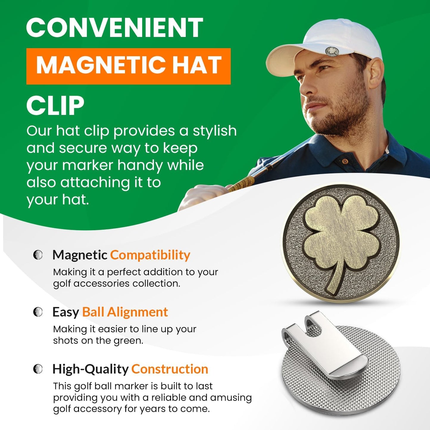 K9King Lucky 4 Leaf Clover Golf Ball Marker and Magnetic Golf Hat Clip | Putting Green Golf Accessories for Men and Women | Unique Shamrock Golf Balls Marker Gift | Ideal Gift Ideas