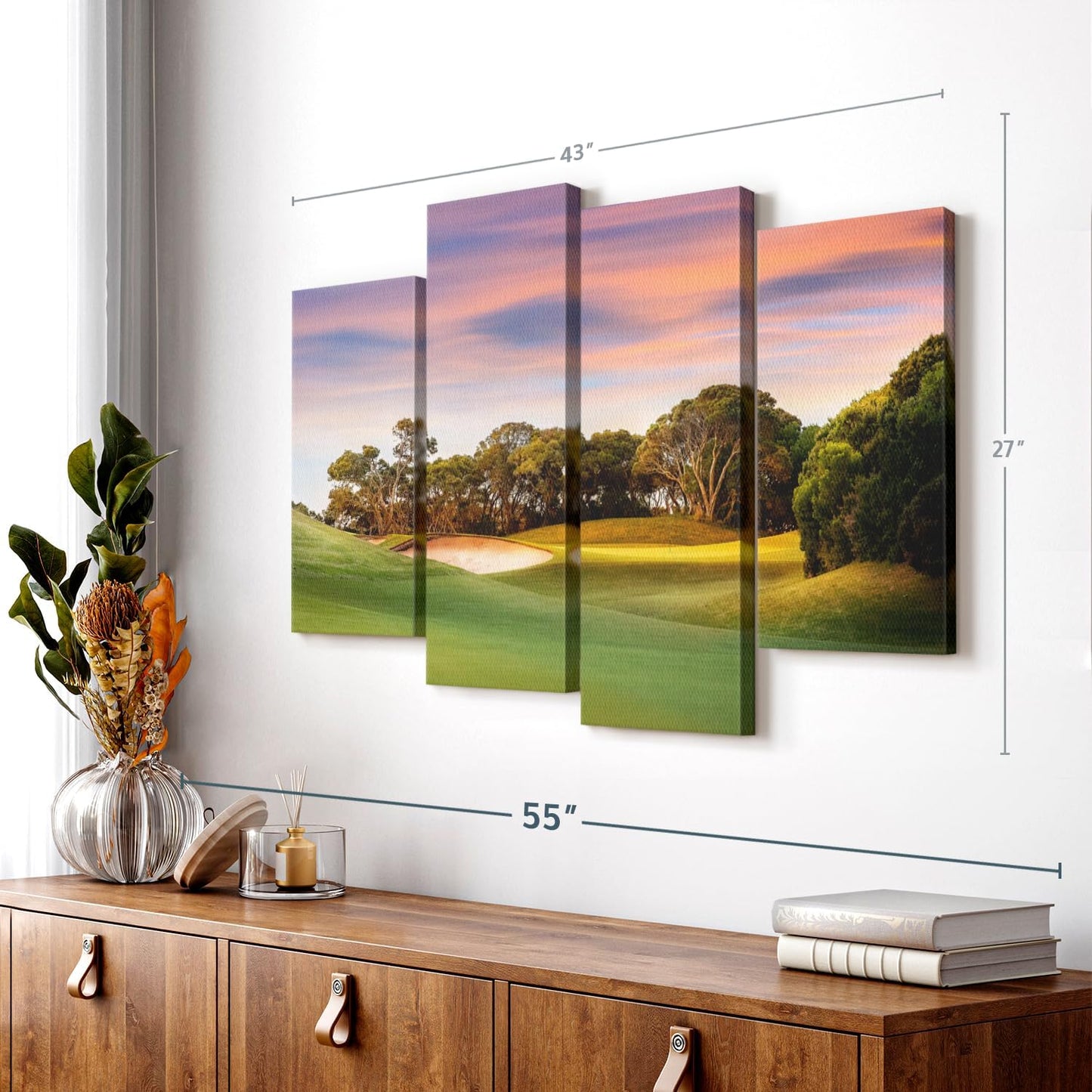 ElephantStock Golf Course Sundown Wall Art - Horizontal Canvas - 4-Piece Living Room Wall Decor - Photography Sports Canvas Print - Orange and Blue Decor for Wall - 43" X 27"