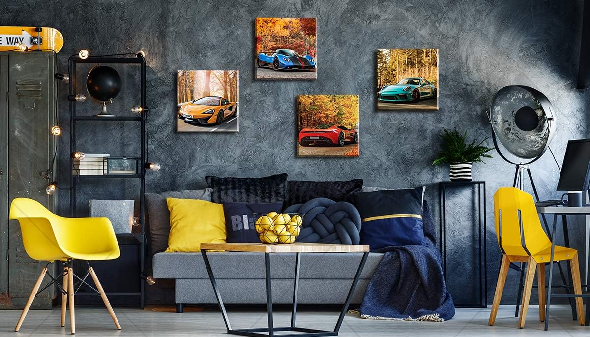 DJSYLIFE Car Posters Boys Room Decor Wall Art Giclee Canvas Prints Autumn Landscape Red Sport Car Pictures Modern Artwork for Bedroom Home Decorations Painting 12x12 inchesx4 Framed Ready to Hang