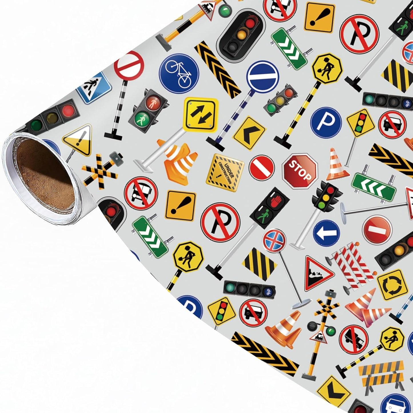 Traffic Sign Wrapping Paper Roll - 17Inch x16.4Feet - Road Street Traffic Lights Sign Theme Gift Wrap for Transportation Parties,Birthday,Celebration